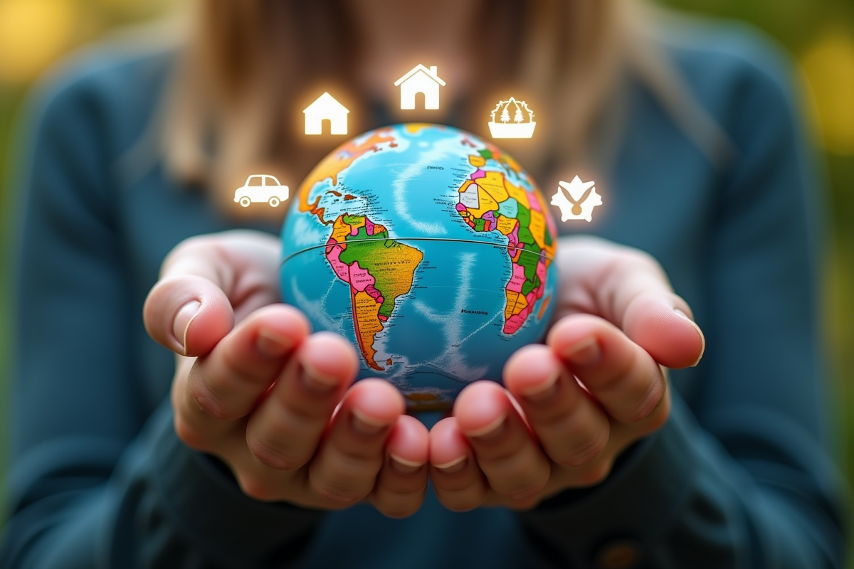 Globe dans des mains protectrices avec icônes d