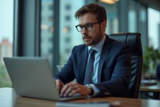 Homme d'affaires concentré devant son ordinateur en bureau moderne