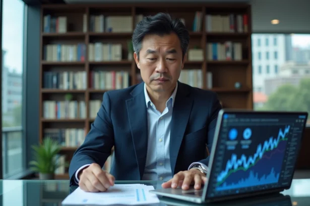 Homme d'affaires chinois en bureau moderne regardant un graphique crypto