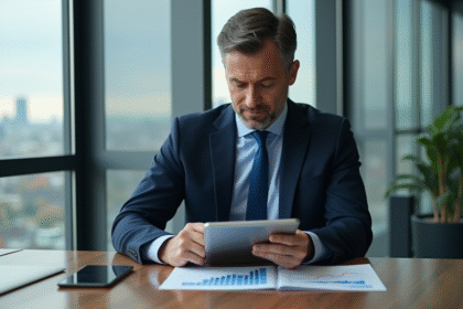 Homme d'affaires en costume regardant des graphiques financiers