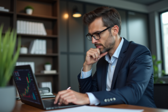 Homme d'affaires en costume regardant un graphique boursier