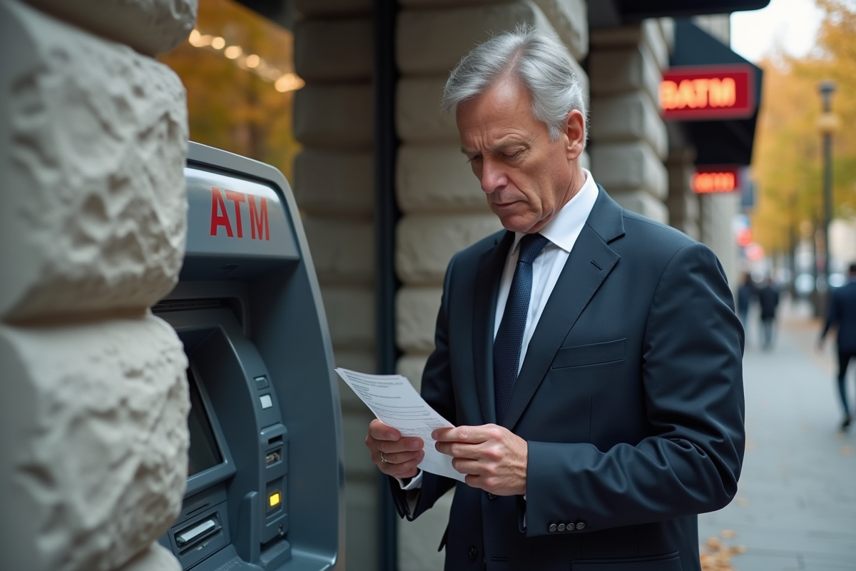 Homme d affaires vérifiant un reçu à un distributeur automatique