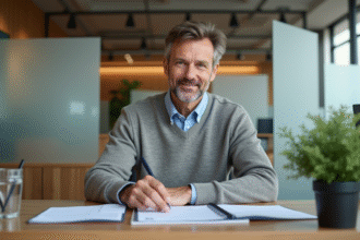 Homme d'âge moyen en réunion bancaire attentive