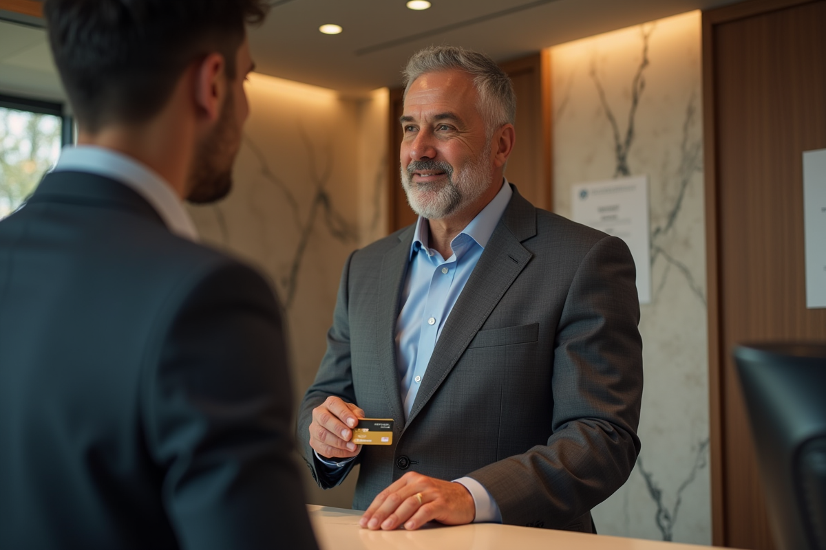 Homme en costume remettant une carte bancaire au guichet