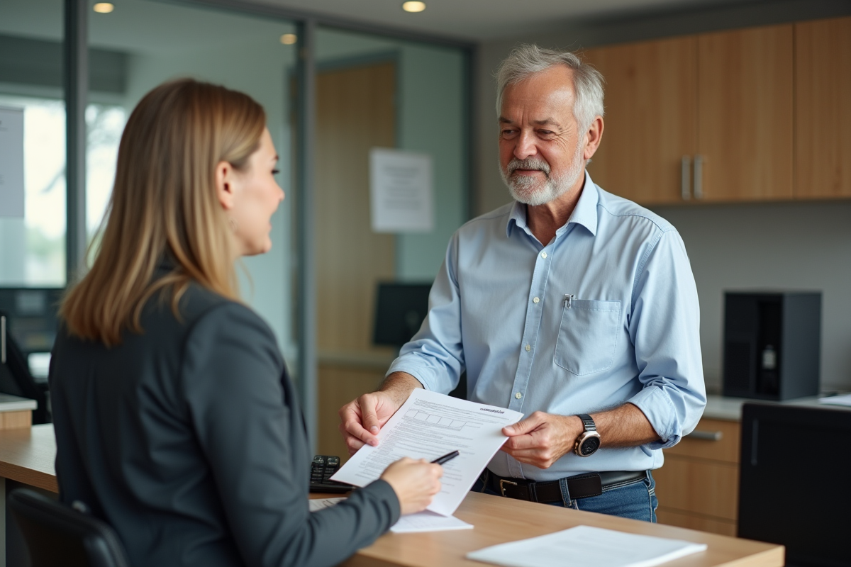 Homme remettant un dossier de retraite à un agent administratif