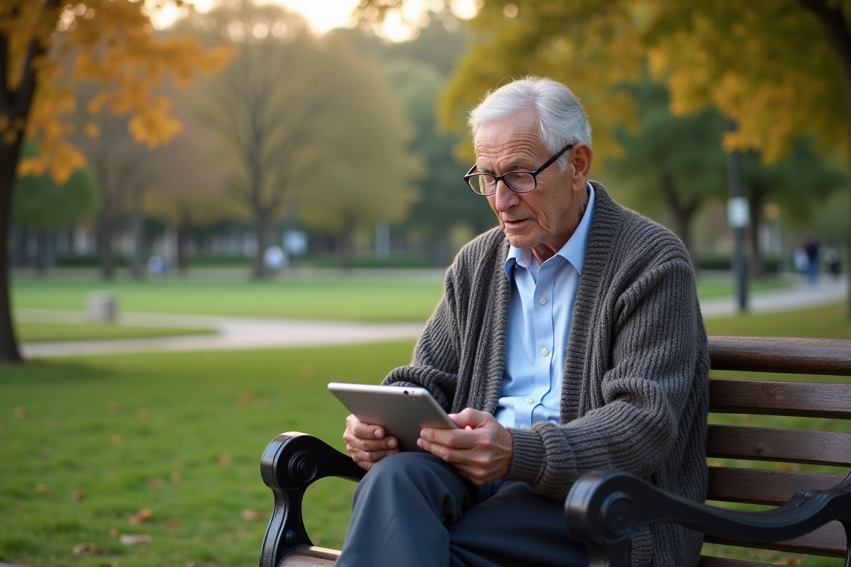 Homme âgé utilisant une tablette dans un parc