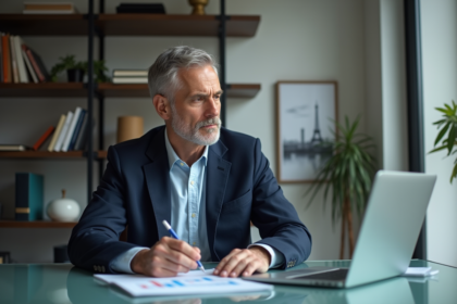 Homme d'affaires réfléchissant devant un bureau moderne à Paris