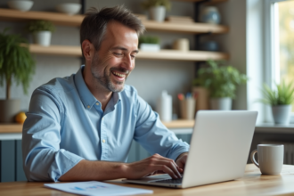 Homme d'âge moyen souriant devant un ordinateur en cuisine