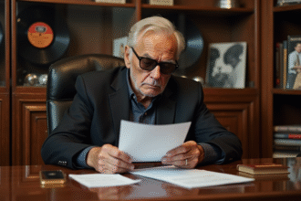 Homme âgé en costume vintage et lunettes regardant des documents