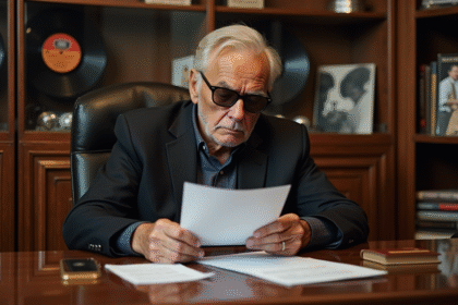 Homme âgé en costume vintage et lunettes regardant des documents