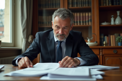 Homme français en costume lisant des documents fiscaux