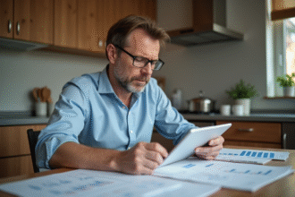 Homme d'âge moyen lisant des documents financiers dans une cuisine