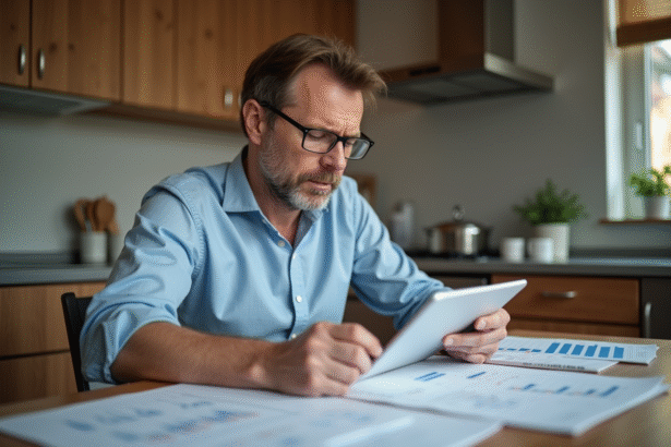 Homme d'âge moyen lisant des documents financiers dans une cuisine