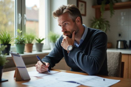 Homme d'âge moyen réfléchissant avec documents de prêt immobilier