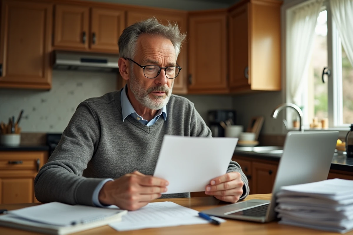 Homme d age examinant des lettres dans sa cuisine lumineuse