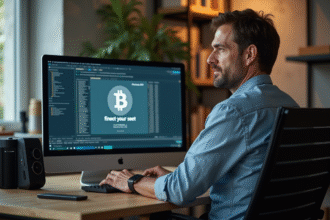 Homme d'âge moyen dans un bureau moderne regardant un écran Bitcoin