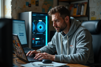 Homme concentré sur son ordinateur de minage crypto dans un appartement