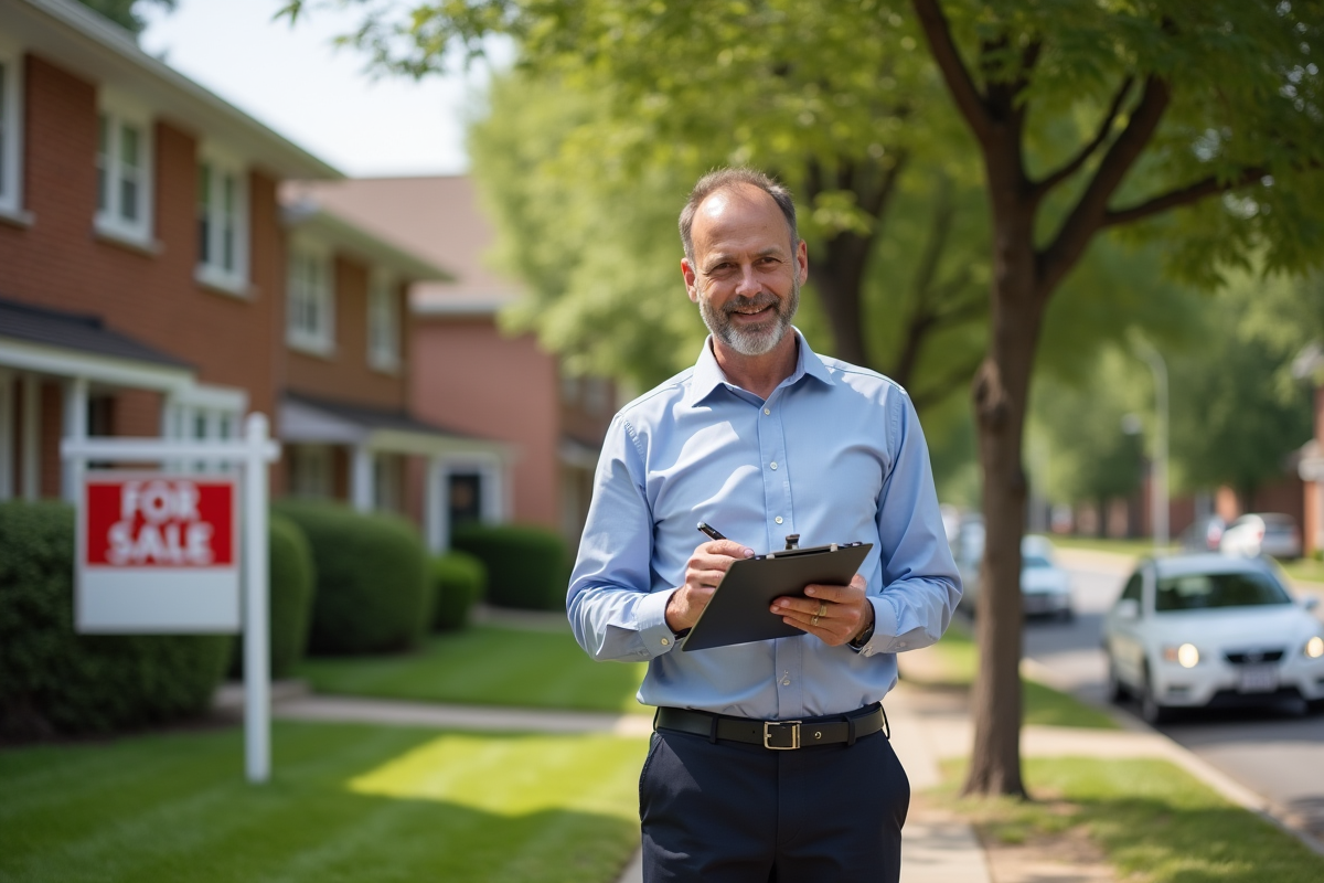 Homme note sur un clipboard devant une maison en vente