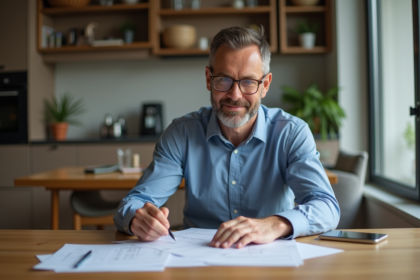 Homme en milieu de quarantaine organisant ses papiers