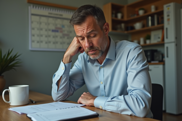 Homme d'âge moyen en cuisine regardant des factures impayées