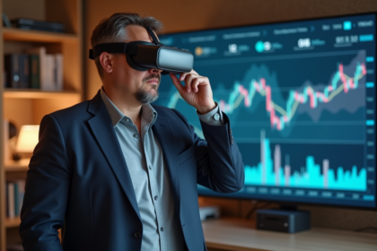 Homme en blazer tenant un casque VR dans un bureau moderne