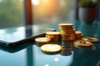 Pile de jetons numériques brillants avec circuit futuriste