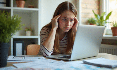Jeune adulte inquiet examinant papiers et finances à la maison