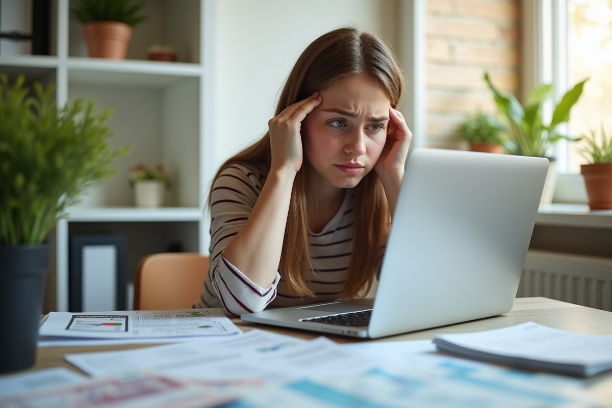 Jeune adulte inquiet examinant papiers et finances à la maison