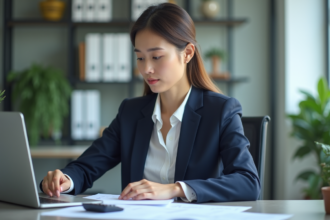 Jeune femme comptable au bureau avec feuilles et ordinateur