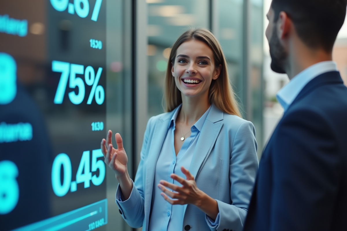 Jeune économiste discutant devant un écran de marché
