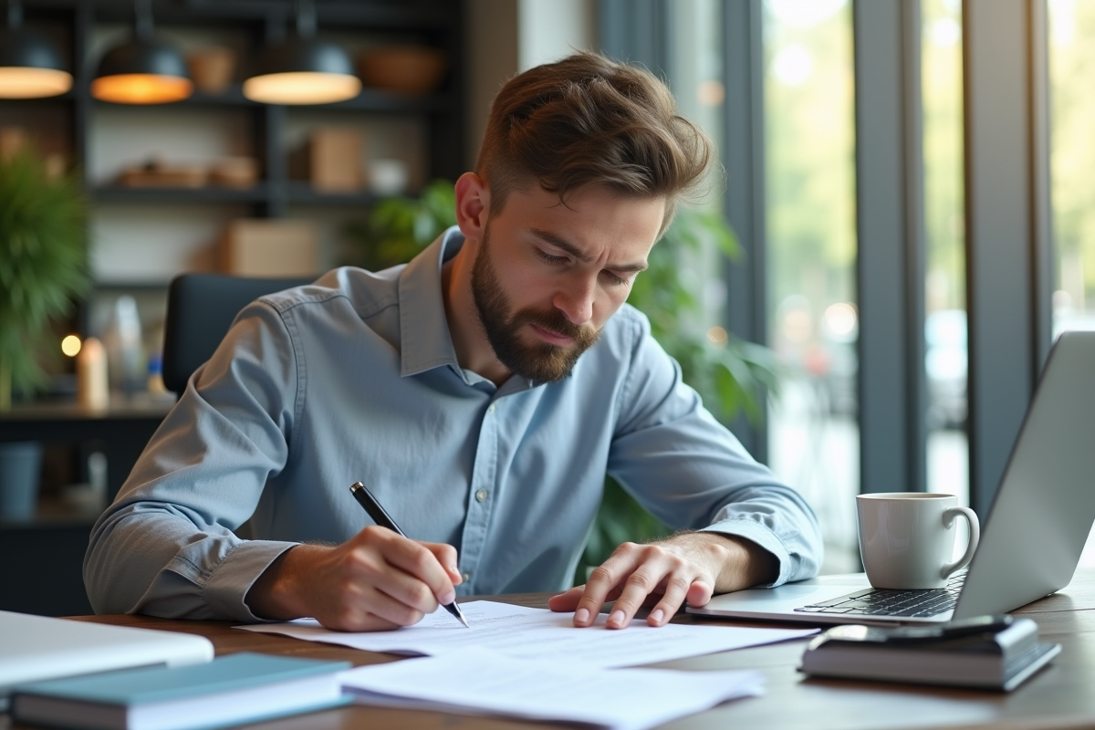 Jeune entrepreneur remplissant des papiers dans un espace de coworking