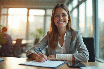 Jeune femme d'affaires souriante avec un plâtre signe des documents
