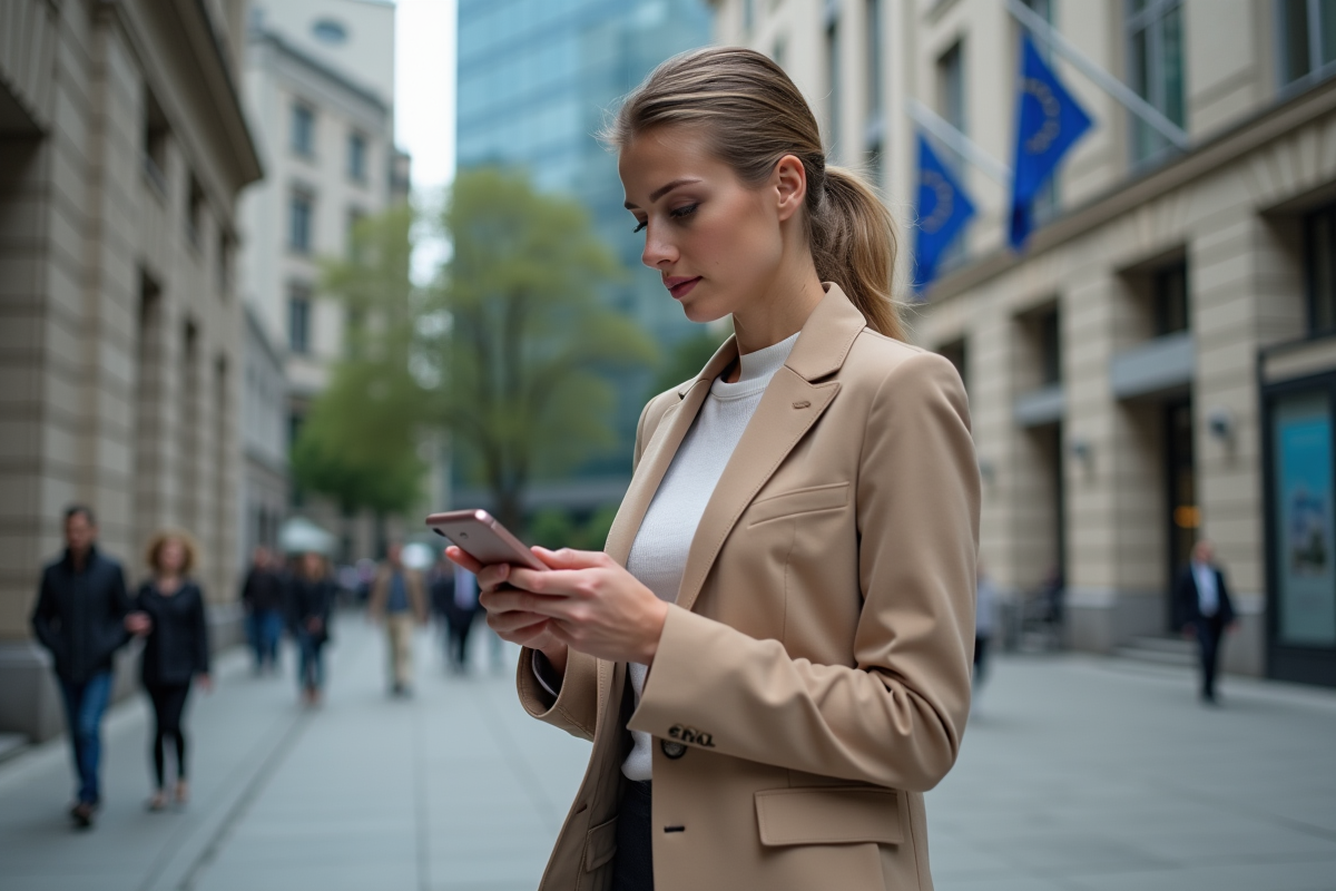 Jeune femme passant devant la banque centrale européenne