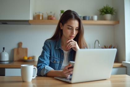 Jeune femme en cuisine utilisant son ordinateur portable
