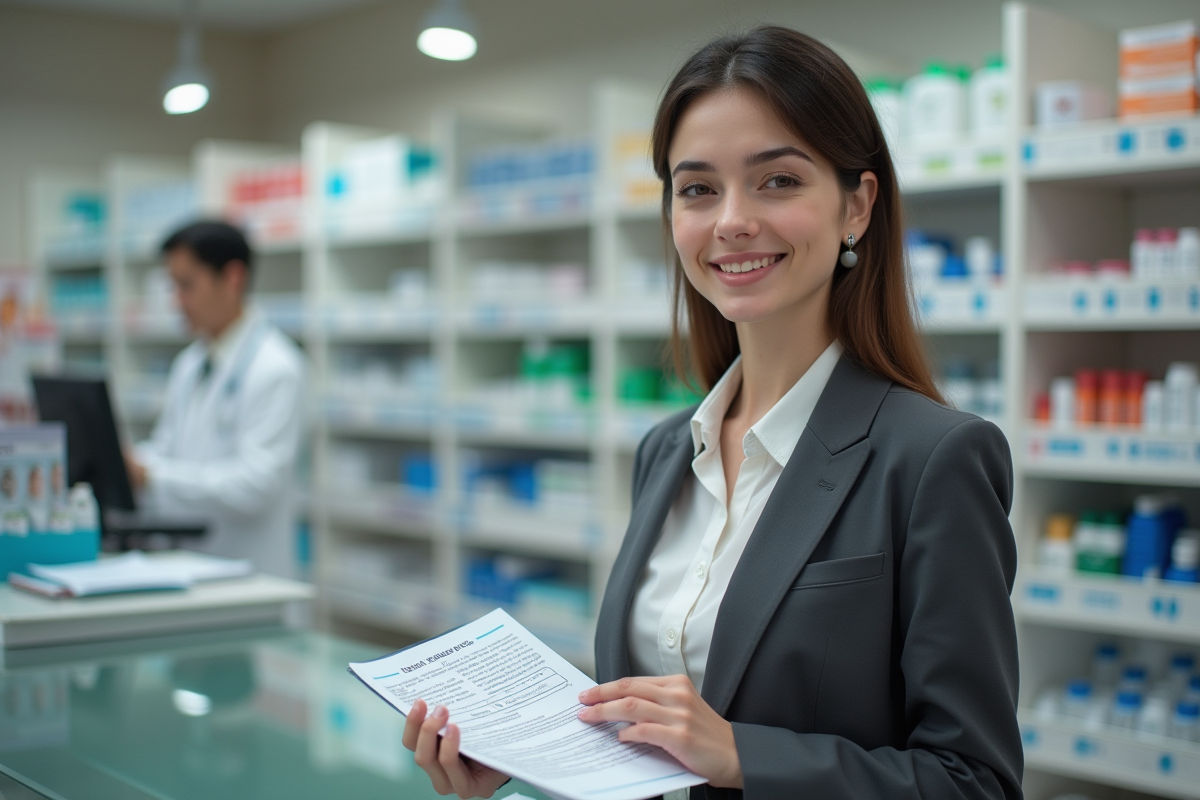 Jeune femme en pharmacie avec documents d
