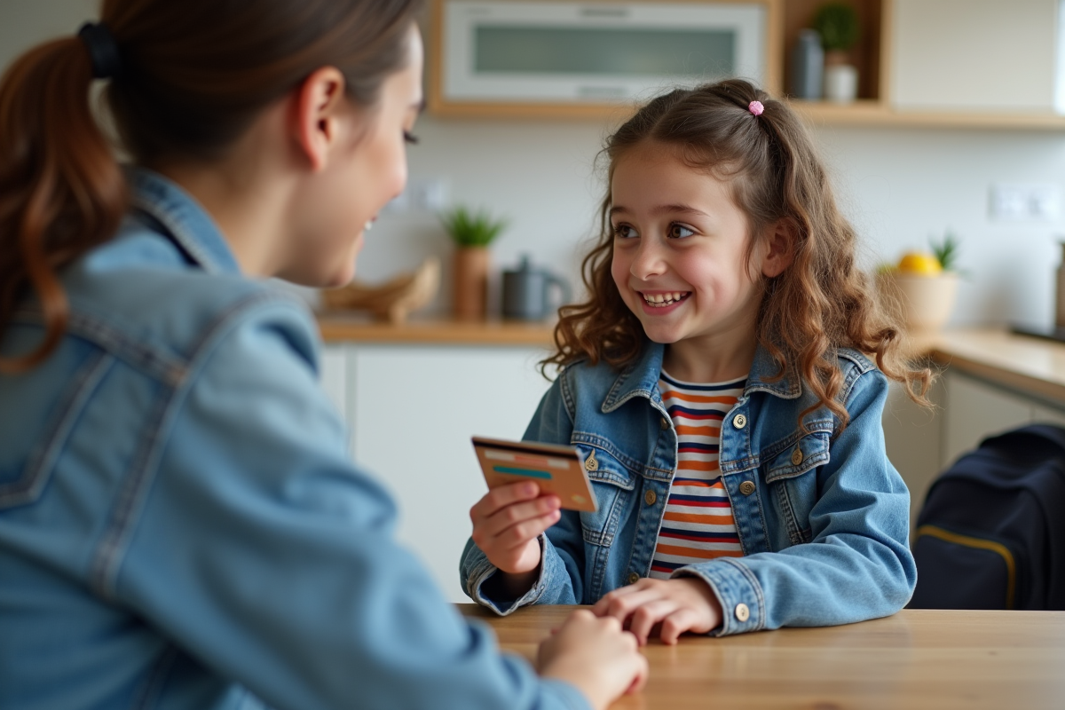 Jeune fille souriante avec carte bancaire contactless à la maison