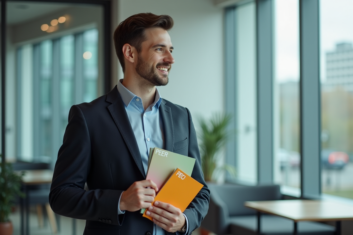 Jeune professionnel tenant des brochures de retraite