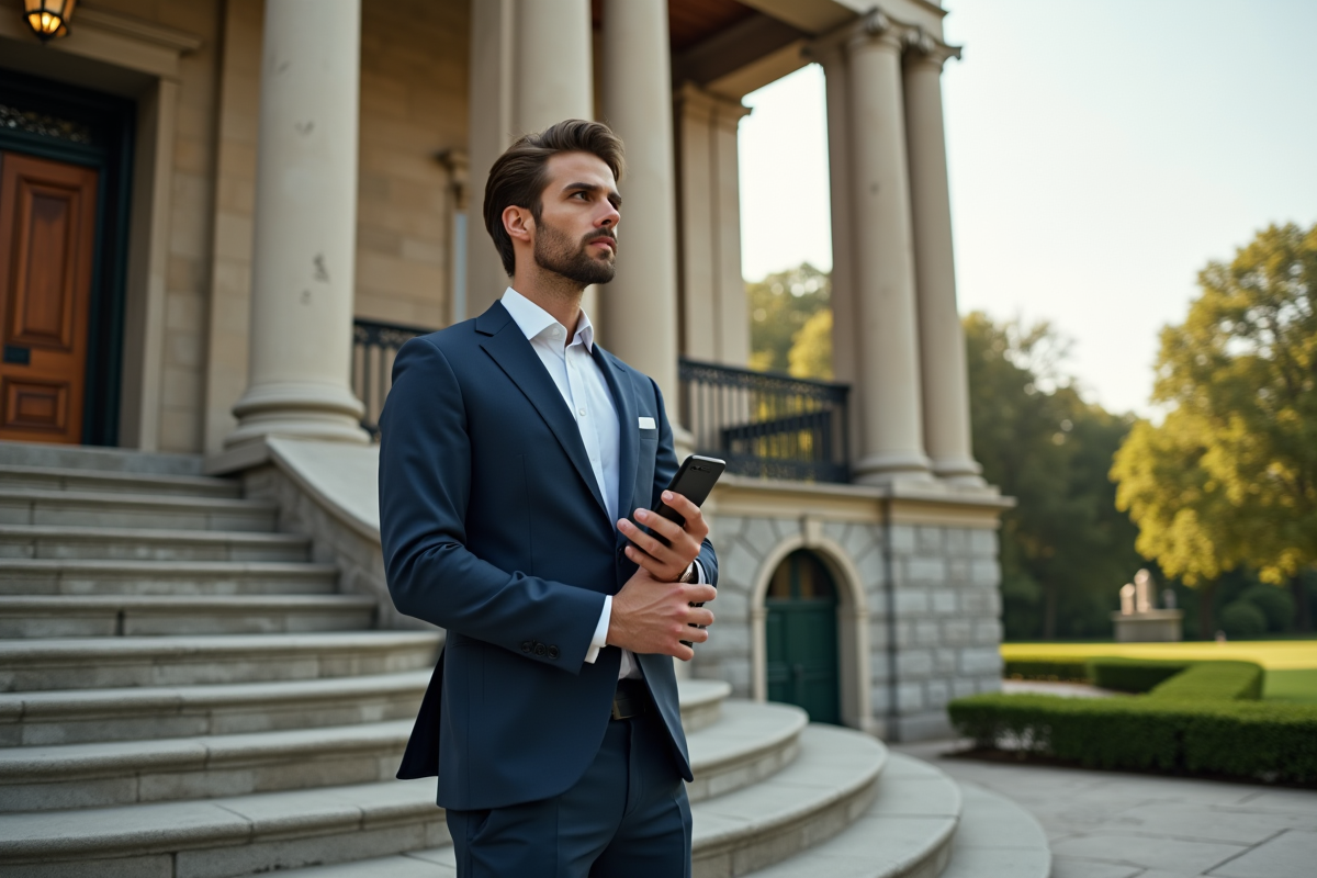 Jeune homme en costume devant une grande maison historique
