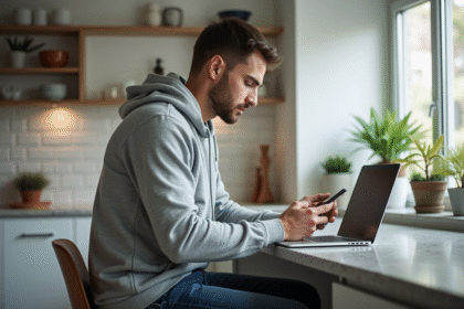 Jeune homme en hoodie gris travaillant sur son ordinateur à la maison