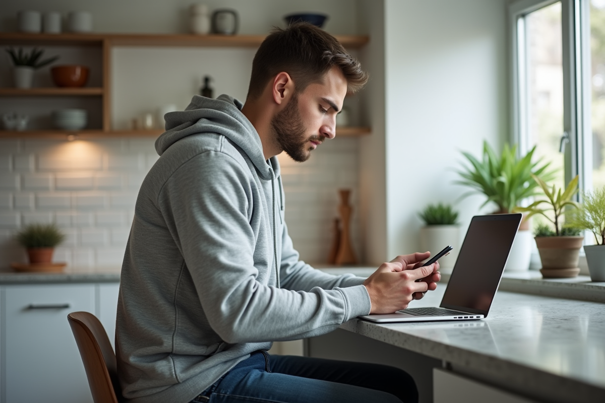 Jeune homme en hoodie gris travaillant sur son ordinateur à la maison