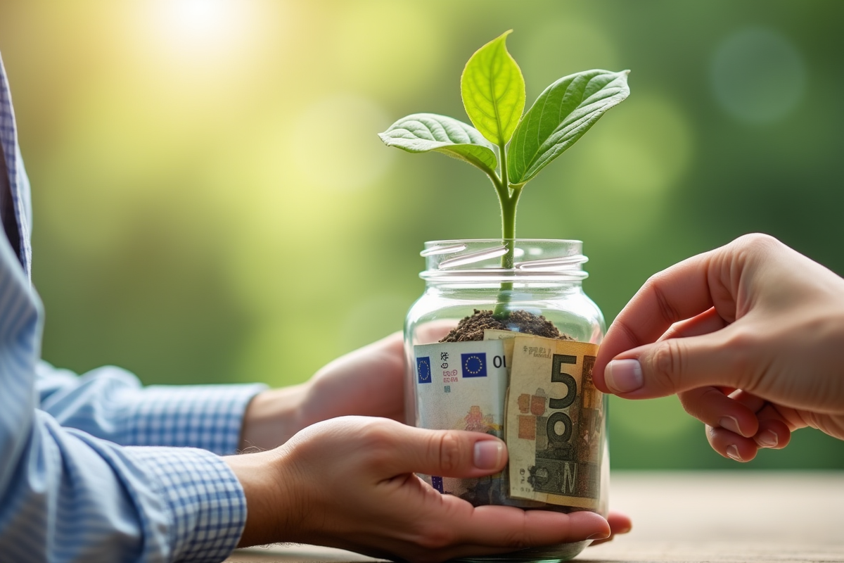 Deux mains plaçant une plante dans un bocal avec des billets