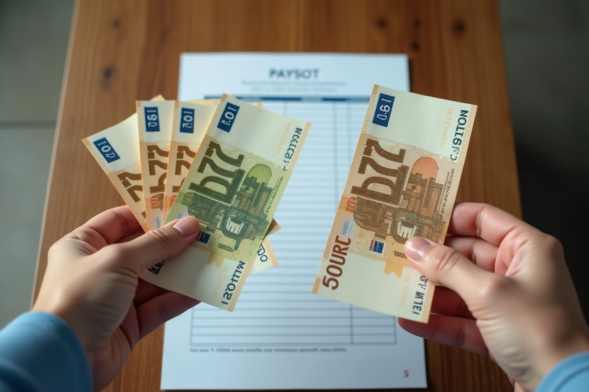 Mains tenant des billets euro et fiche de paie vues de dessus