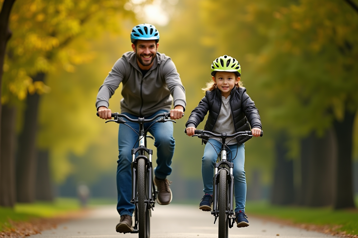 Père et enfant faisant du vélo dans un parc ensoleille