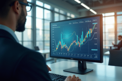 Un professionnel présente des graphiques financiers sur un écran moderne