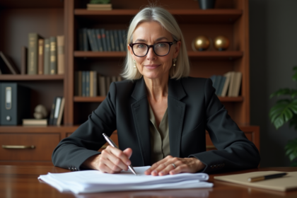 Femme d'affaires en train de lire des documents dans un bureau moderne