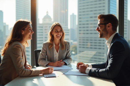 Jeune couple professionnel rencontrant un agent d'assurance dans un bureau lumineux