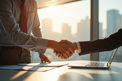 Deux professionnels se serrant la main dans un bureau moderne