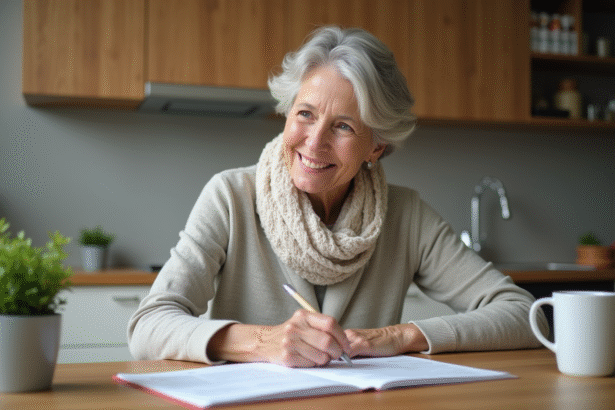 Femme senior attentivement ses papiers à la maison